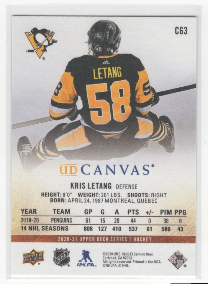 #C63 Kris Letang 2020-21 Upper Deck UD Canvas Pittsburgh Penguins - Image 2 of 2