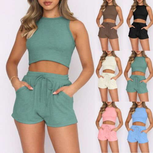 Women 2 Piece Summer Outfits Sets Sleeveless Crop Tank Top and Shorts Tracksuits