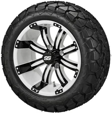 (4) Golf Cart 22x10-14 Trail Fox A/T Tires on 14x7 White/Black Tempest Wheels