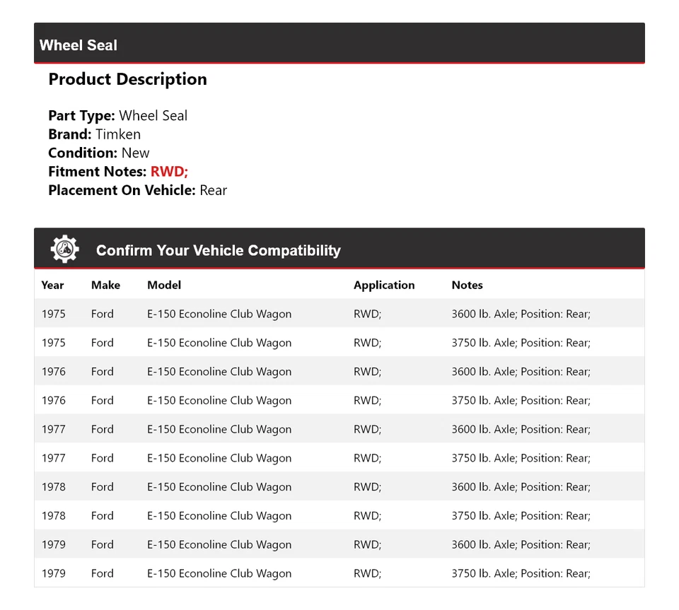 Para Ford E-150 Econoline Club Wagon 1975-1979 tracción trasera sello de rueda Timken 1976 Foto 2 de 4