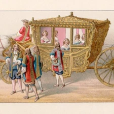 FRENCH COURT CARRIAGE -17th C Nobility Gold Pastel 1888 Antique Chromolithograph