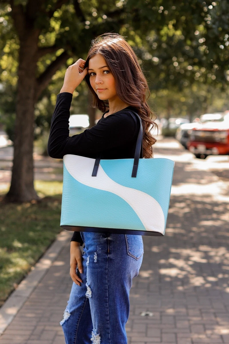 NWT Pepper Paisley & Co. Teal Blue & White Leather Tote - Small | eBay
