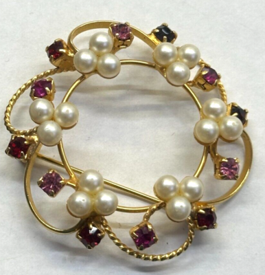 Floral Circle Amethyst Rhinestone & Pearls Vintage Pin Brooch J