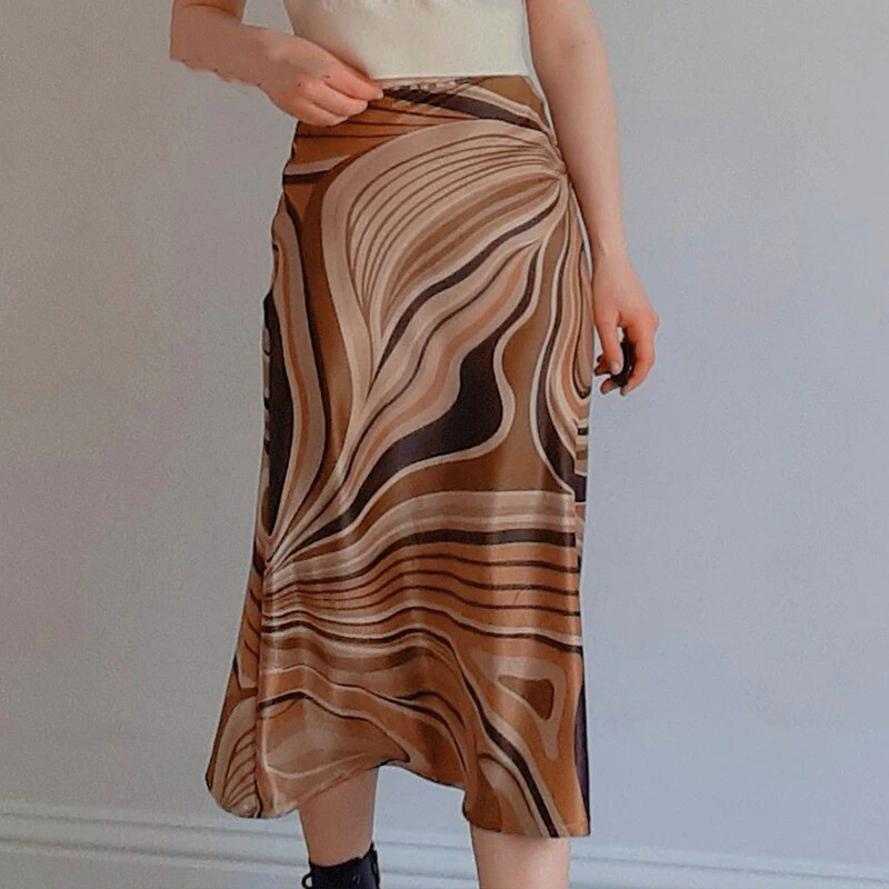 Brown Paisley Satin Maxi Skirt Hippie 90s Vintage Elegant