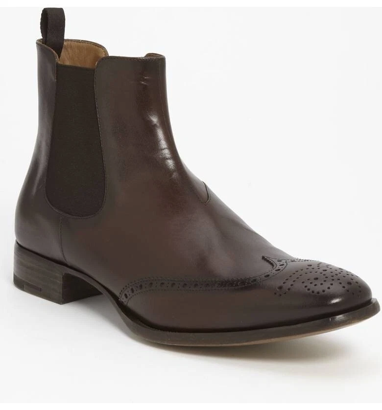 Handmade Men Brown Chelsea Leather Boot, Men Wingtip Brogue Chelsea Boot 7 to 17
