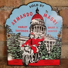 VINTAGE HARLEY MOTORCYCLES PORCELAIN HEAVY METAL MOTORCYCLE SIGN DIE-CUT 9"X8"