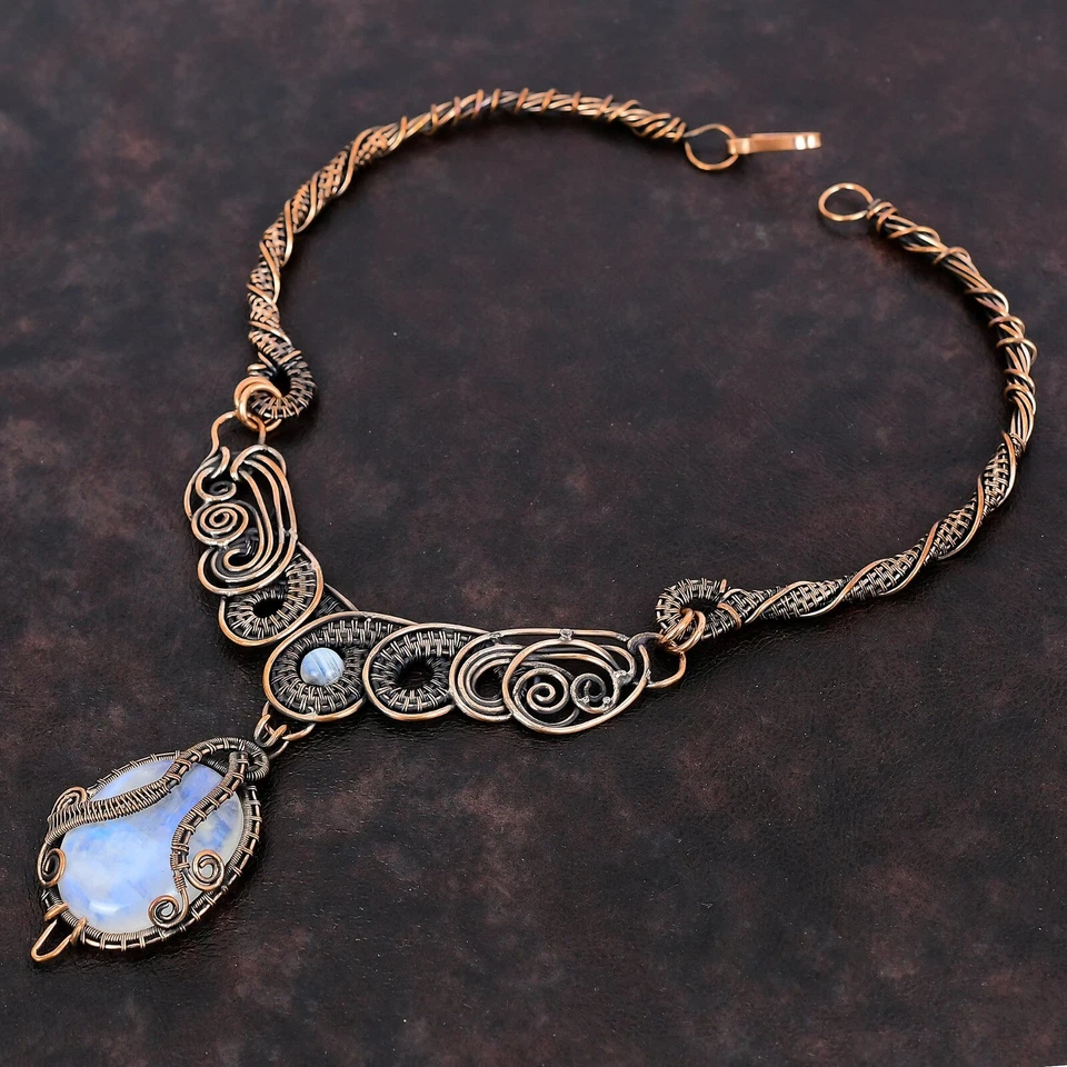Rainbow Moonstone Jewelry Copper Love Gift Wire Wrapped Chain Necklace 18.0" - Image 3 of 4