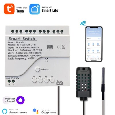 Tuya WiFi 250V 4 Channel Temperature Humidity Smart Switch Passive Dry Contact