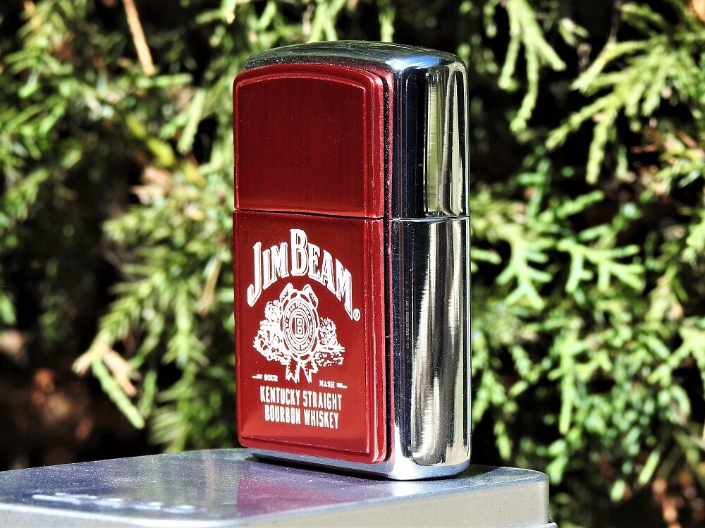 Jim Beam Label Zippo Lighter - Red Anodized - Kentucky Straight