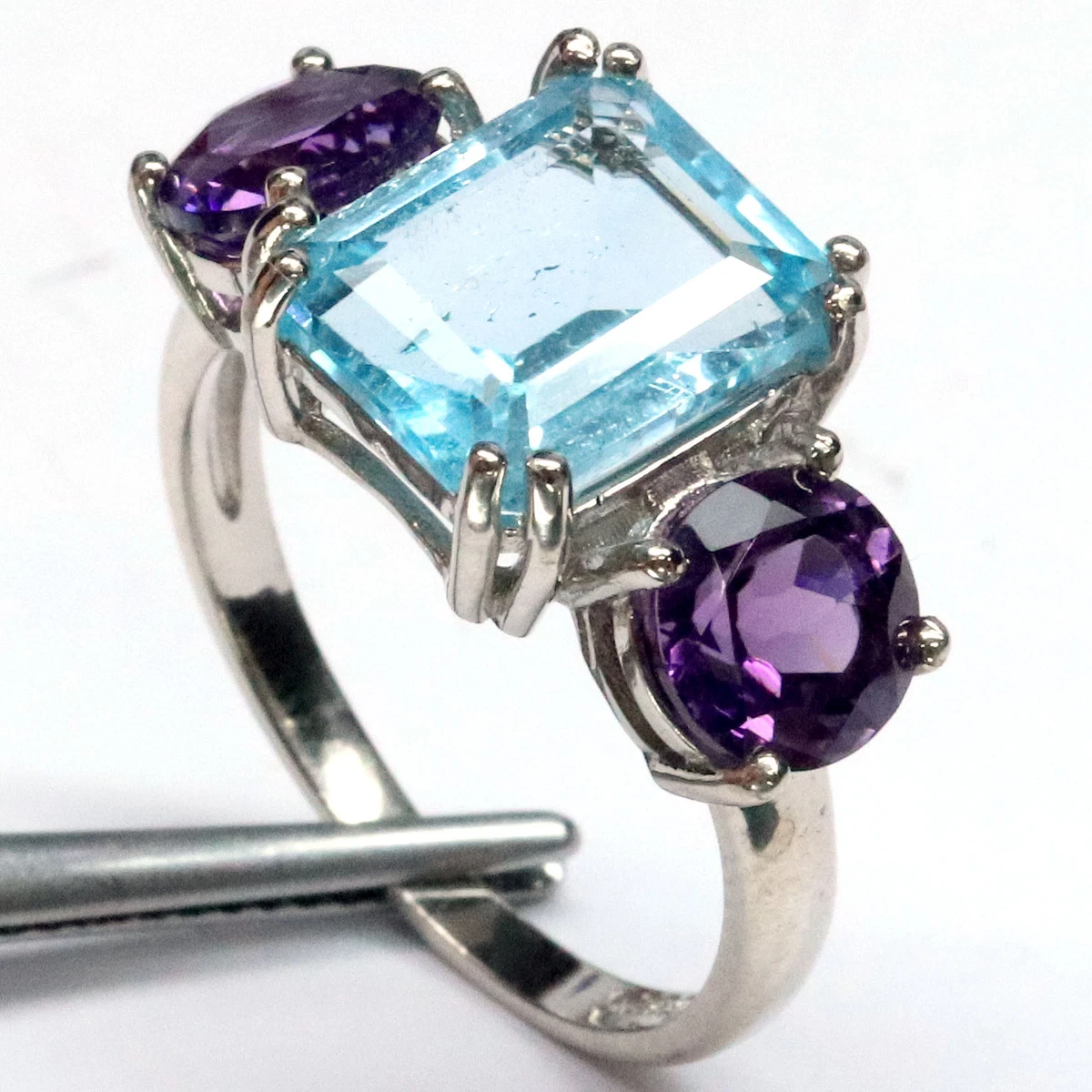 9 X 11 mm. SKY BLUE TOPAZ PURPLE AMETHYST RING 925 STERLING SILVER
