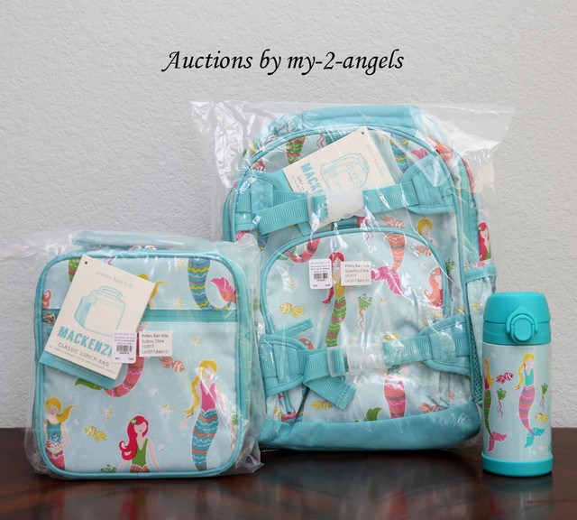 Pottery Barn Kids AQUA MERMAID Small Backpack + Lunch Box + Water