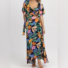 Vestique Tropical Floral Print Wrap Maxi Dress Size M