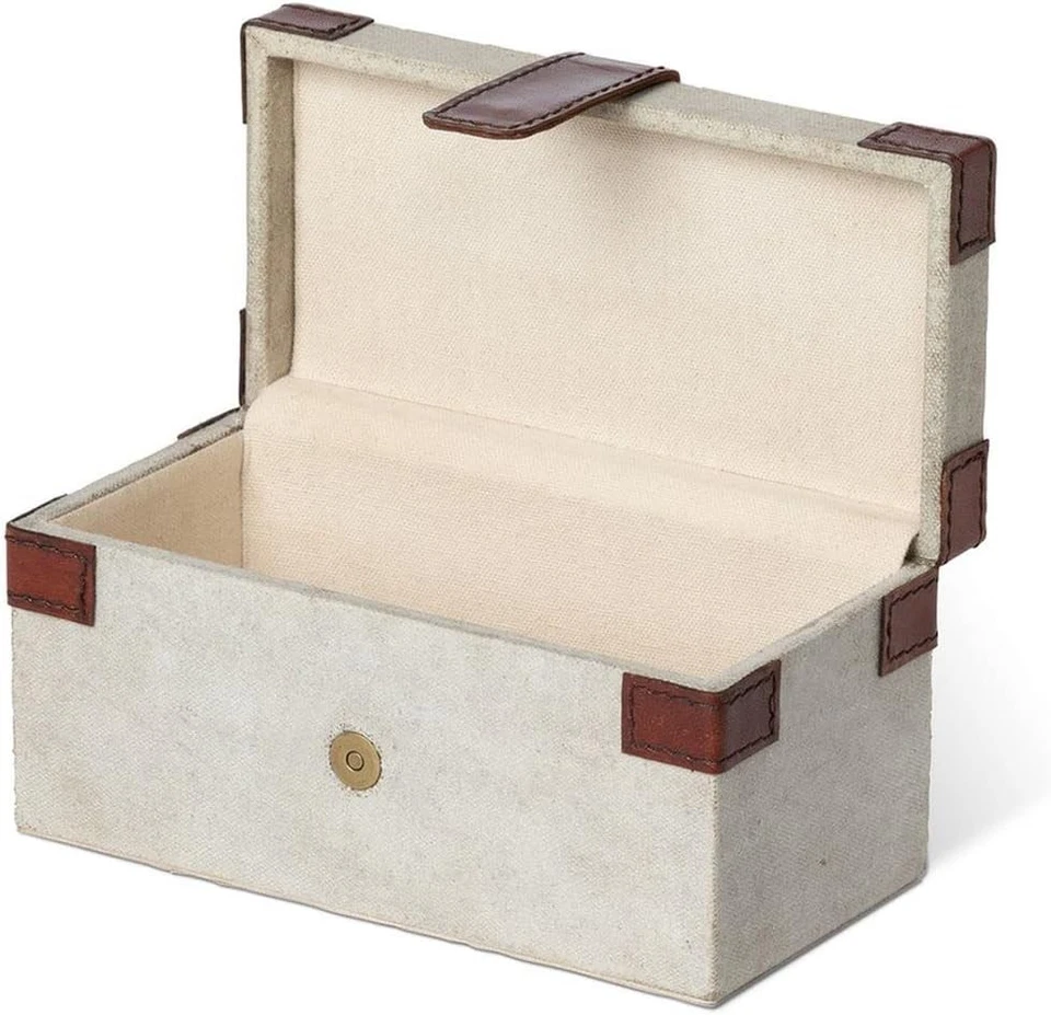 Antique Canvas Box Genuine Leather Vintage Storage Decor - Image 3 of 4