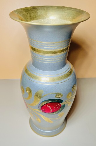 Vintage Enamel Brass Vase, Etched Floral & Poppy Design, Made in India - Picture 5 of 5