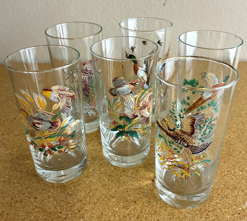 Set of 6 VTG West Virginia Glass Company Game Bird Tumblers Highball Glasses MCM