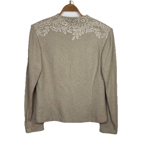 St John Evening Jacket Blazer 14 Beige Knit Beaded Full Zip Old Money Luxury - Picture 6 of 9
