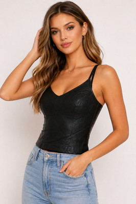 Women s Genuine Lambskin Black Leather Halter Top   Fitted, Soft & Elegant