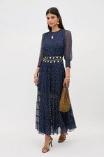 BNWT Rixo Kristen Tiered Polka Dot Navy Midi Dress Petite Sz XS