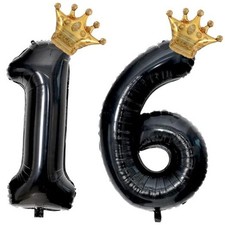 40 inch Large Black 16 Balloon Number with Gold Crown Balloons 16th Number 16