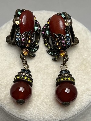 Vintage Heidi Daus Agate Rhinestone Dangle Clip Earrings 2.2 