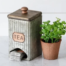 New Corrugated Metal Tea Bag Holder Dispenser Canister Vtg Style Farmhouse