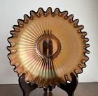 Vtg Carnival Glass Ruffled Fluted Edge Amethyst Stippled Rays Bowl