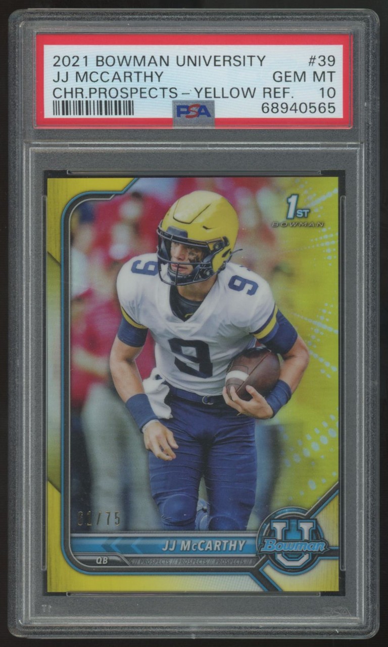2021 Bowman University J.J. McCarthy 1st Chrome Prospect Yellow /75 #39 PSA 10