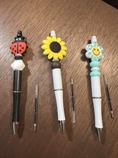 Sell Beaded Writing Pens Set Of 3 Ladybug, SunFlower And Blue Smiley Flower. New