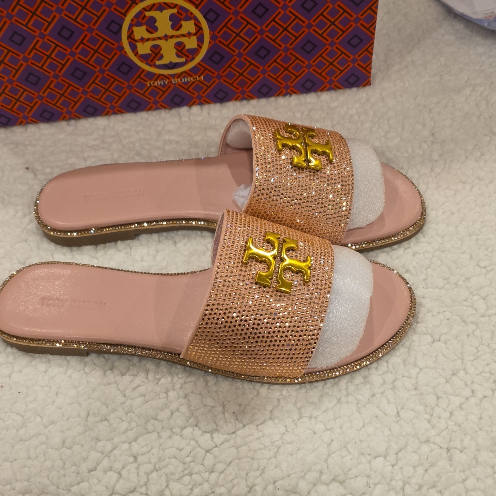 Tory Burch Pink Gold Beaded Logo Slide Sandals Women's Solid Pattern Slip On thumbnail 4