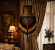 IMPRESSIVE BESPOKE 6" CLIP ON LAMPSHADE VICTORIAN STYLE IN BLACK & GOLD UNIQUE