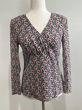 Madison Studio Cherry Print Babydoll Blouse Womens M V-Neck Mesh 100% Nylon
