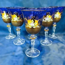 Czech bohemia crystal blue glass Wine glasses 17cm decorated gold and enamel 6pc