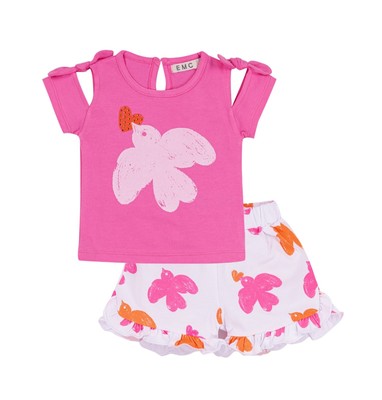 EMC 2tlg T-Shirt & Shorts Baby Girl Vögel Pink Weiß Gr. 80 86 92 98 104 NeU