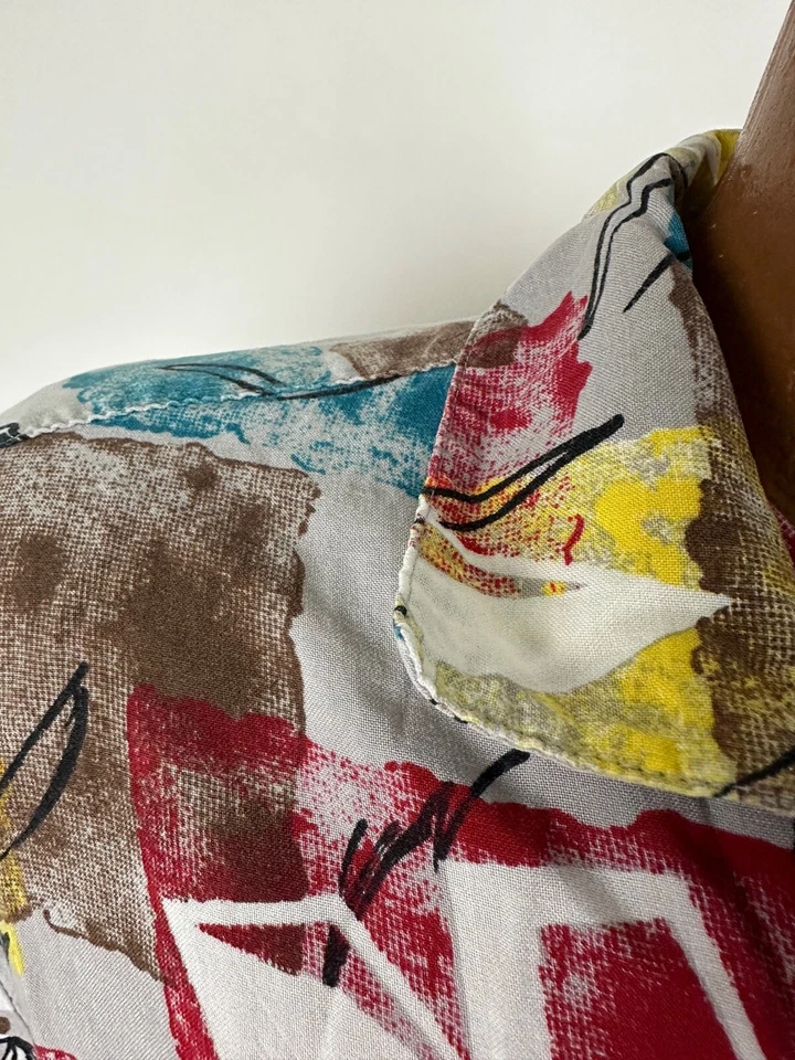 Camisa Hawaiana Isleña Años 80 Hombres L Gris Floral Geométrica Abstracta Hipster Rayón Foto 4 de 4