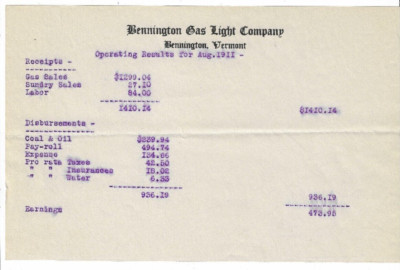 Aug 1911, Operating Results, Bennington Gas Light Company, Bennington, Vermont