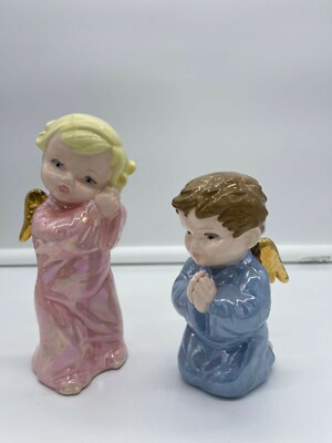 Vintage Lusterware Girl and Boy Praying Angel Figurines Christmas Decor