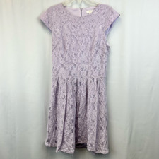 C Womens A Line Dress Solid Purple Lace Overlay Round Neck Short Cap Sleeve M