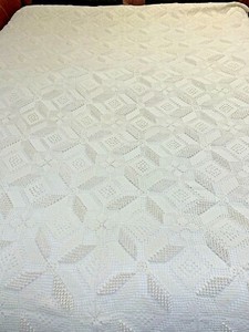 Antique Crochet White Bedspread, Early 1900s, 78x70”