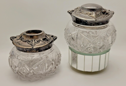 Victorian Repousse Floral Silver And Cut Crystal Hair Receiver Vanity Jar Set - Picture 5 of 12