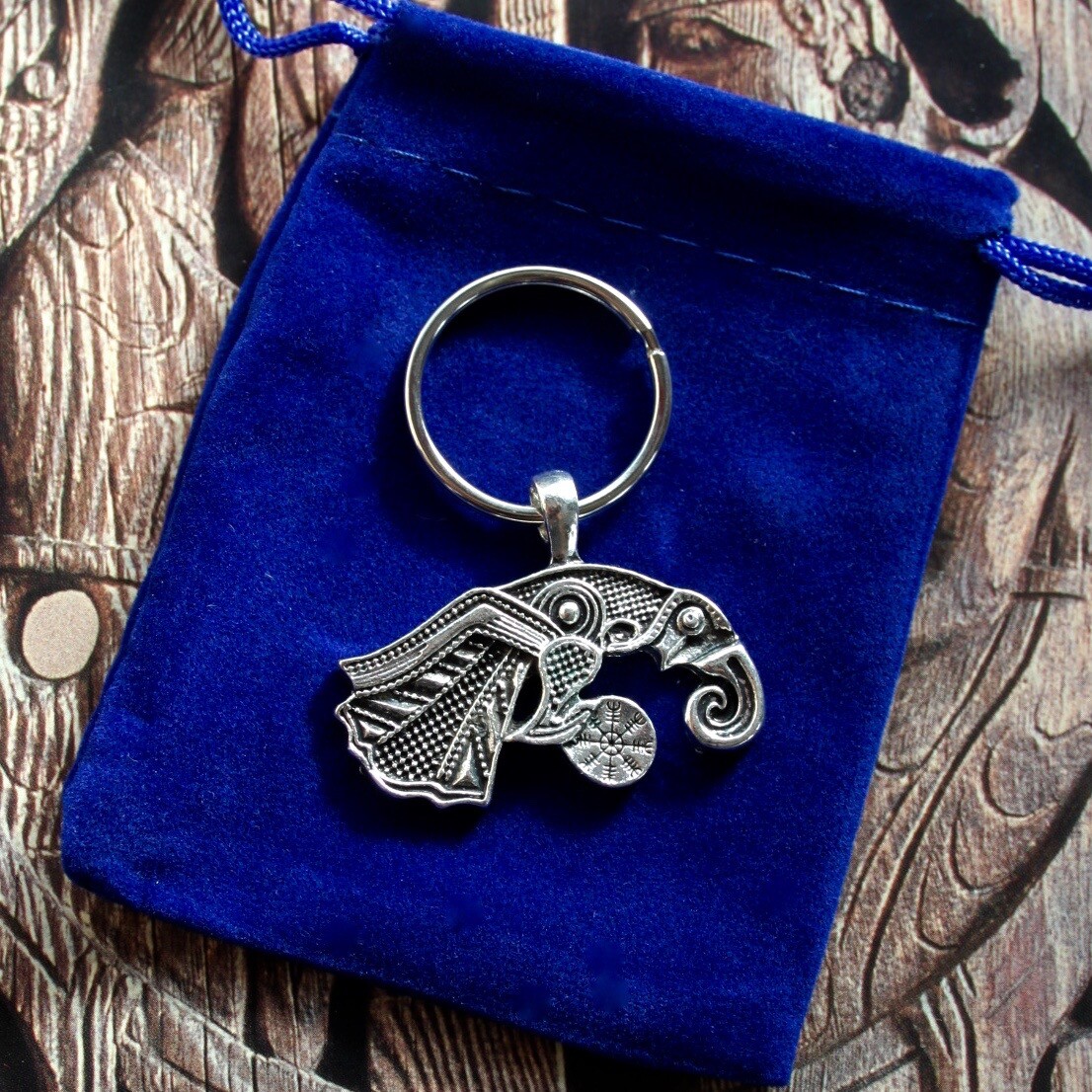 Viking Odin's Raven Hugin Munin Huginn Muninn Aegishjalmur Norse Rune Keyring