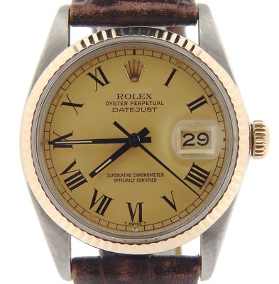 Rolex Datejust Mens 2Tone 14K Gold Stainless Steel Watch Gold & Black Roman Dial