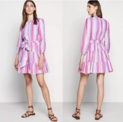 J Crew Womens Small Striped Veda Mini Dress Belted Multicolor Long Sleeve