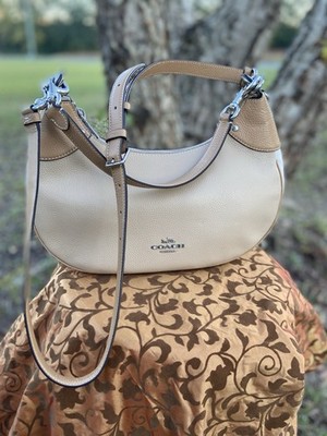 NWT Coach Mara Hobo bag in sandy beige, camel, & creamy white. Silver hardware.