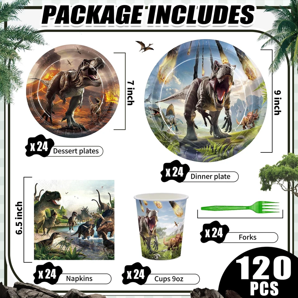 Juego de vajilla desechable 120 piezas de platos de papel servilletas suministros para fiestas de dinosaurios... Foto 2 de 4
