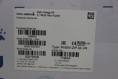 ZIEHL-ABEGG RH25V-ZIP.0A.VR Radial Fan 1.8-1.5A 2060RPM 1089341