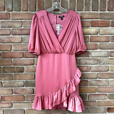 Express Women’s S Pink Ruffle Faux Wrap Mini Dress Puff Sleeve NWT