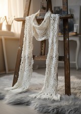 Vintage Handmade Crochet Ivory Tie Front Boho Shawl