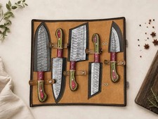 Handmade Damascus Steel Chef Knife Set with Leather Roll / Kitchen & BBQ Knives