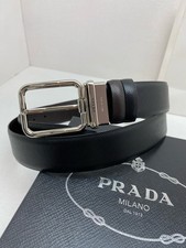Prada men's silver-button black/brown leather belt