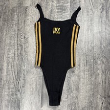 Adidas Ivy Park Bodysuit Womens XS Black Ribbed Tank Thong Gold Stripe One Piece